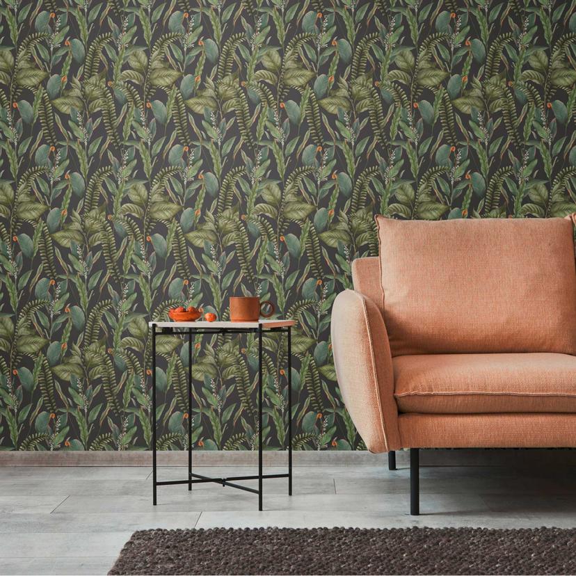 Jungle tapet sort grøn - non-woven tapet blomstret med blade og blomster
