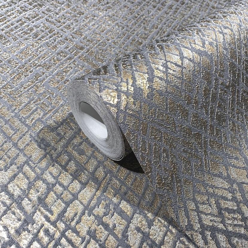Papel pintado no tejido con motivo de celosía brillante antracita, textura dorada