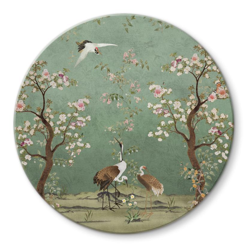 Tableau en verre Grues dans un paysage floral - Bloomery Decor - Rond