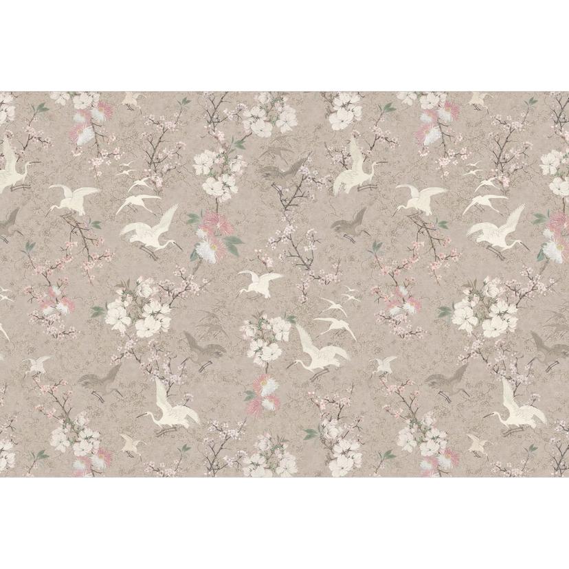 Fototapet med fåglar Japandi | Tranor i körsbärsblom Rush Beige - Bloomery Decor