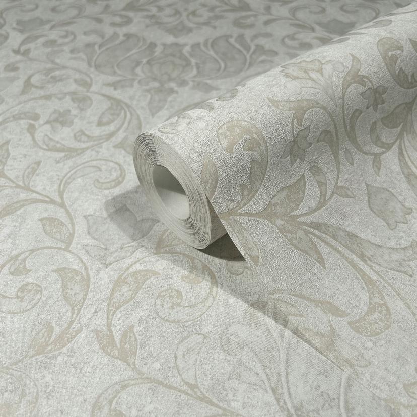 Vliestapete mit Blumen, Blätter ornamental glänzend weiß, grau Floral