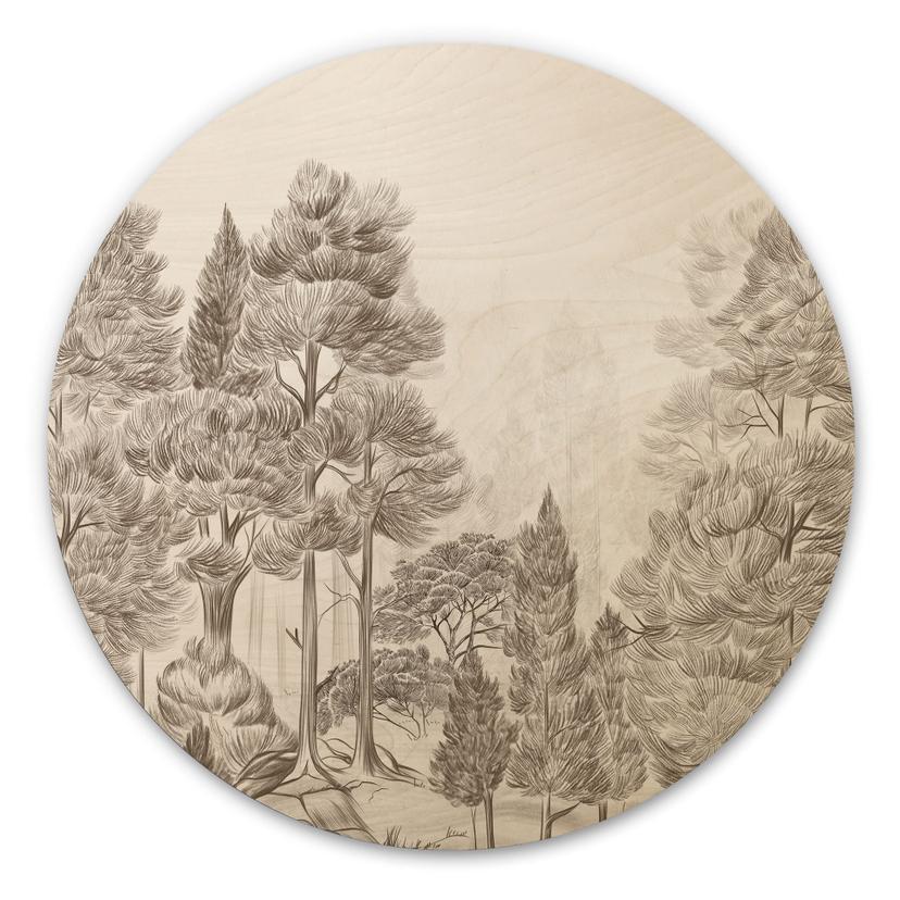 Houten Wanddecoratie bos met boslandschap in beige - Ms Tiff - Rond