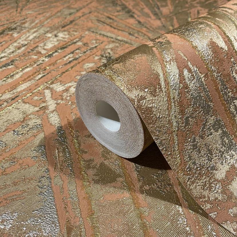 Papel pintado no tejido con brillo y aspecto de abanico rojo, textura dorada