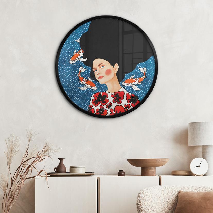 Poster Donna in abito floreale con koi - Hülya - Tondo