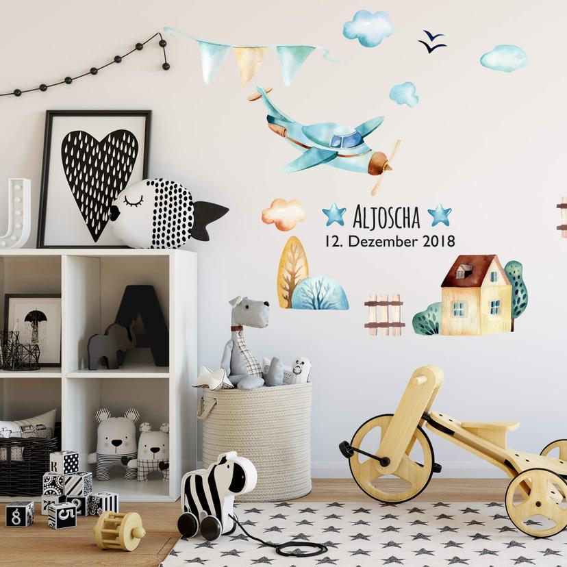Sticker mural Kvilis - Avion + Texte à personnaliser