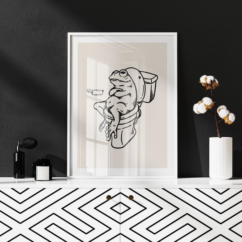 Poster Aspettando alla toilette - Illustrazione umoristica di una rana - Royle
