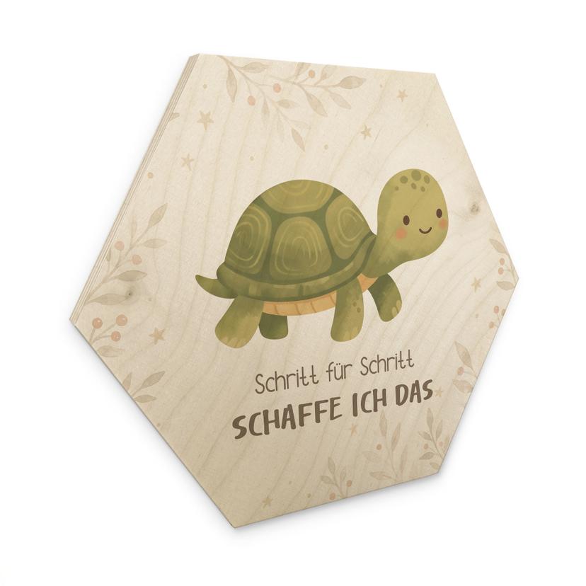 Holzbild Hexagon mit Schildkröte - kindgerechte Affirmation 'Schritt für Schritt schaffe ich das'