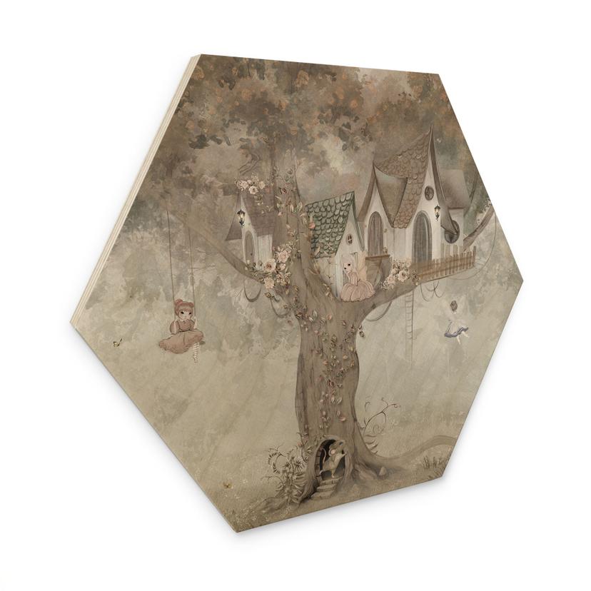 Houten Wanddecoratie met zeshoekige magische boomhut met feeën - Ms Tiff