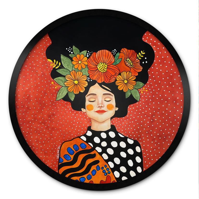 Plakat Smilende kvinde med orange blomster - Hülya - Rund