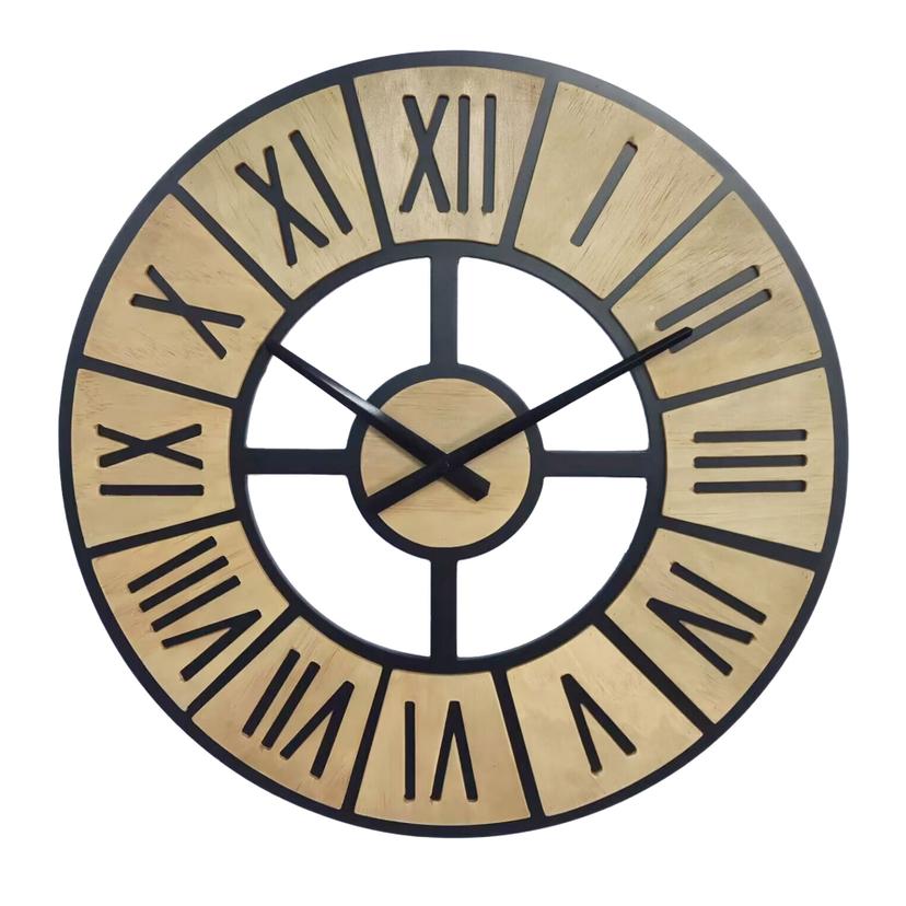 MDF-landhusvægur i trælook med romertal Ø50 cm wallsticker