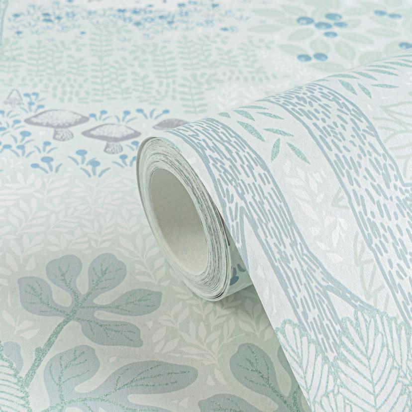 Papel pintado bosque con animales verde gris - papel pintado infantil con oso y ciervo