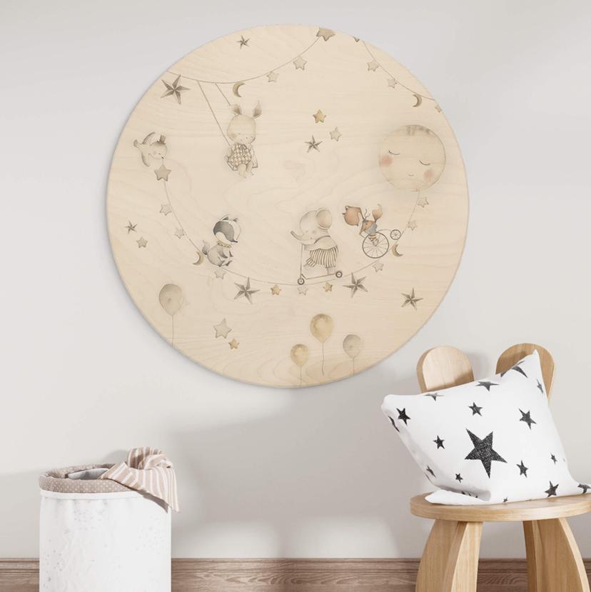 Kinderzimmer Holzbild Fröhliche Tiere mit Sternenhimmel - Oliver Robins - Rund
