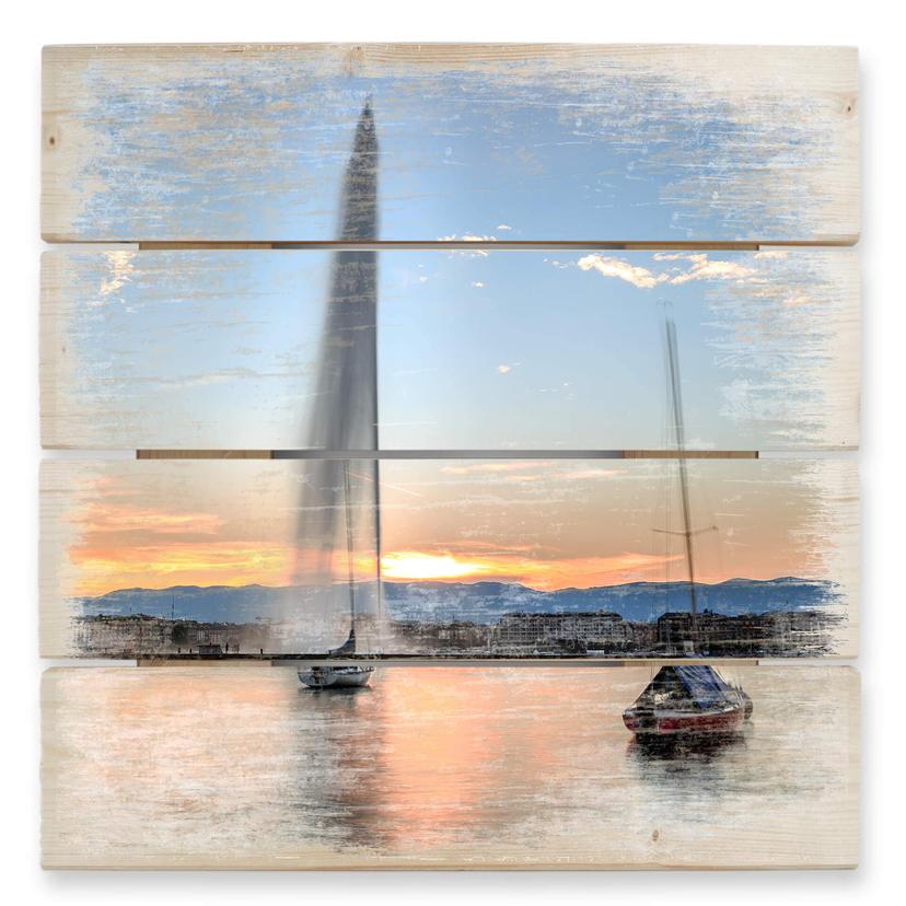 Cuadro de madera fuente de agua en la puesta de sol de Ginebra - 40x41,5 cm