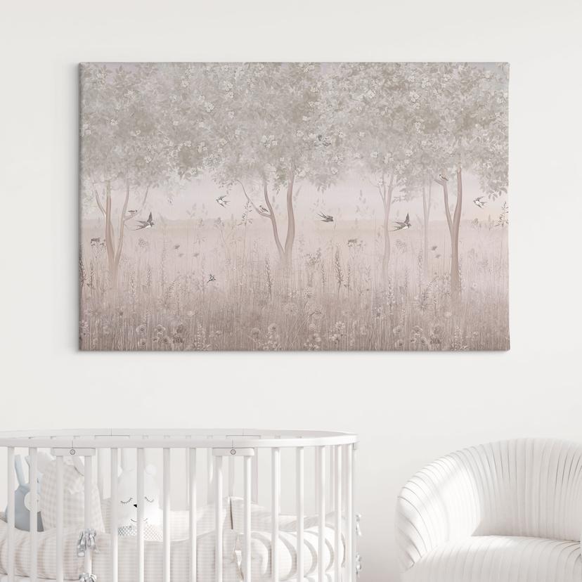 Canvas schilderij voor kinderkamer Zomerzwaluwen in een bos bloemen - Ms Tiff