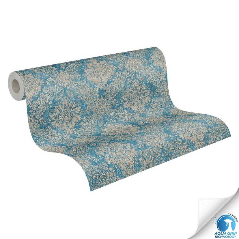 Carta da parati ornamentale barocco turchese beige - Carta da parati classica in tessuto non tessuto