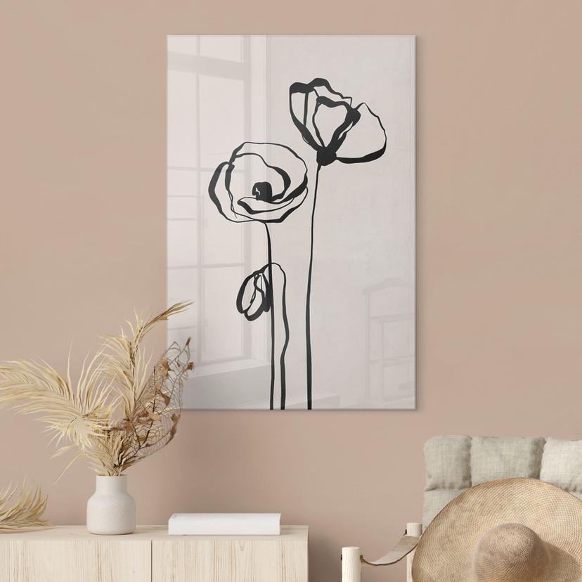 Quadro in vetro acrilico Line Art Due papaveri - Gatti e puntini