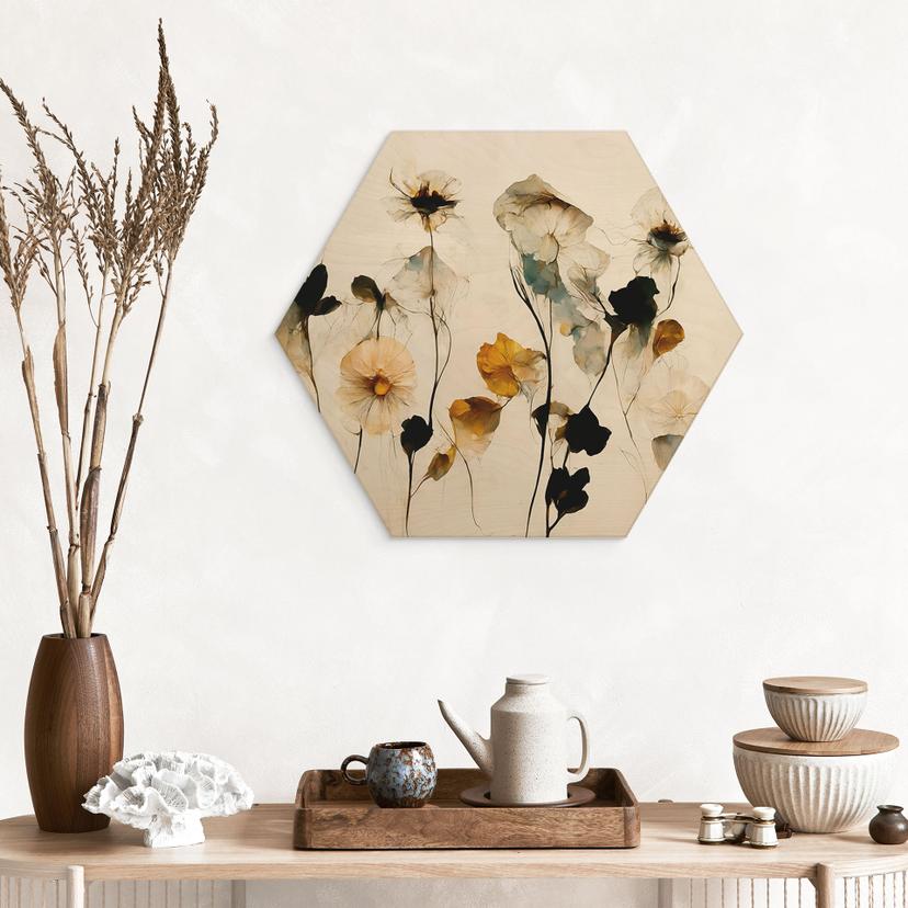 Hexagon Stampa su legno Delicati fiori secchi nei toni naturali - Treechild