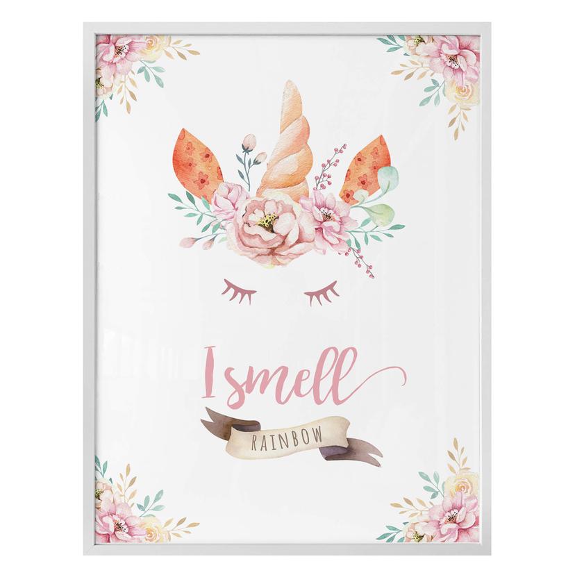 Póster Kvilis - I smell Rainbow - Unicornio con flores y pestañas