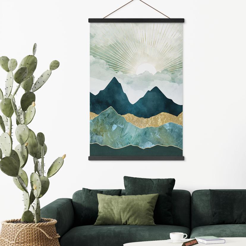 Poster tessile Paesaggio solare in blu e oro - SpaceFrog Designs