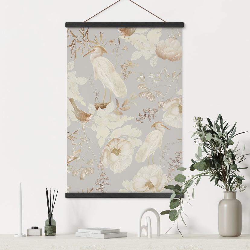 Textil poster med fåglar bland vita blommor - UN Designs