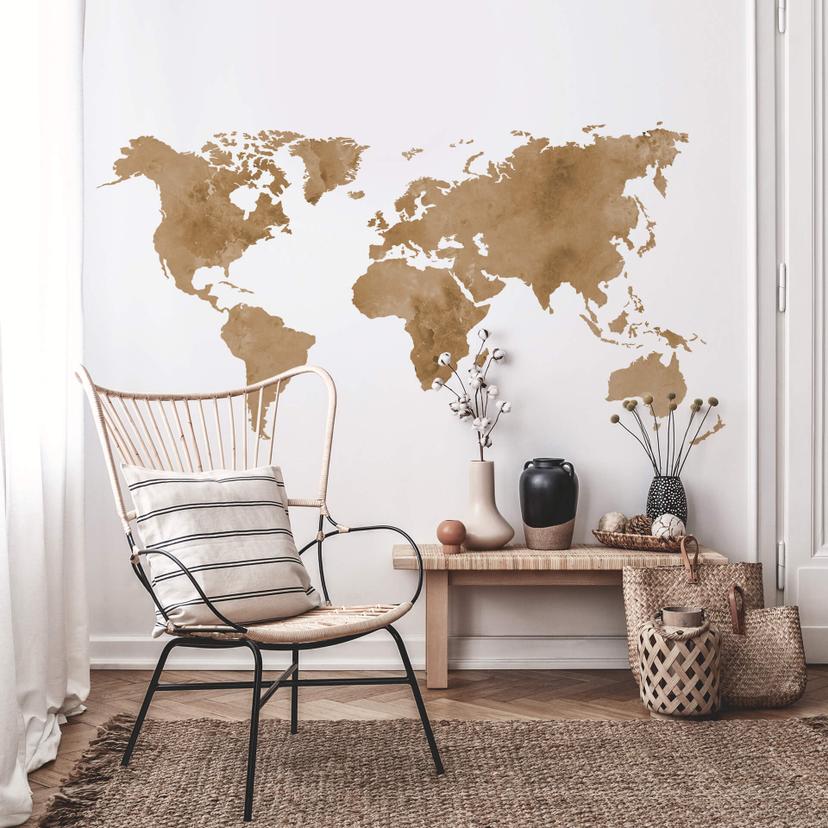 Wallsticker - Aquarel Verdenskort (lysebrun)