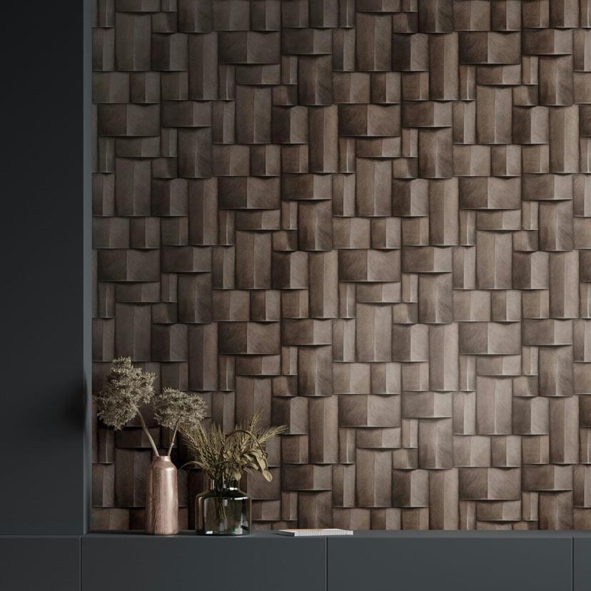 Non-woven tapet med træmotiv geometrisk grå, brun 3D-look