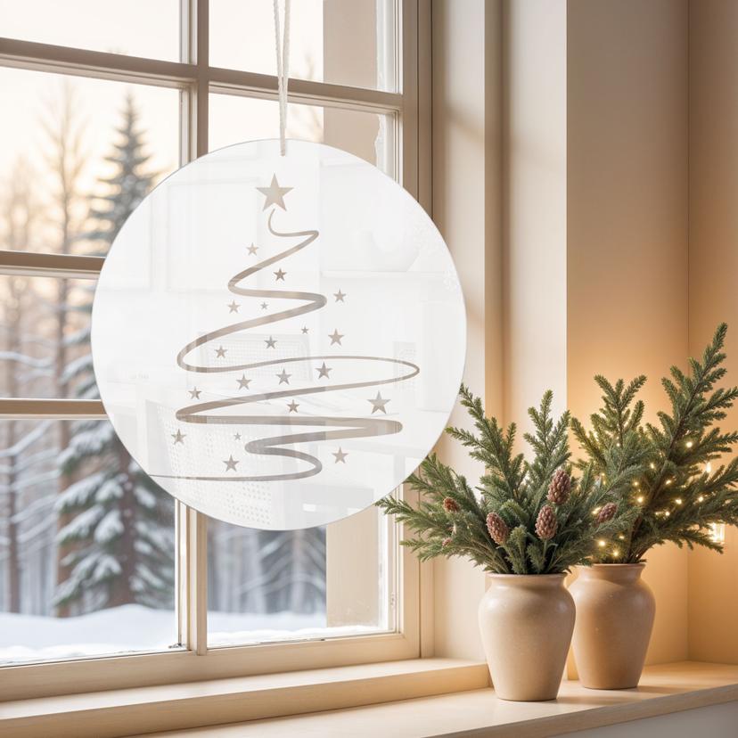 Akrylbillede, vinduesbillede til at hænge Juletræ Line Art - rund