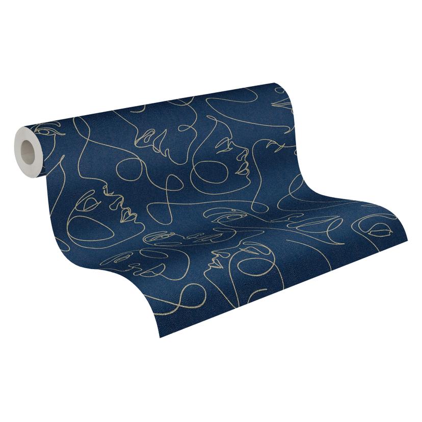 Papel pintado Caras azul oscuro oro - Papel pintado no tejido line art moderno elegante