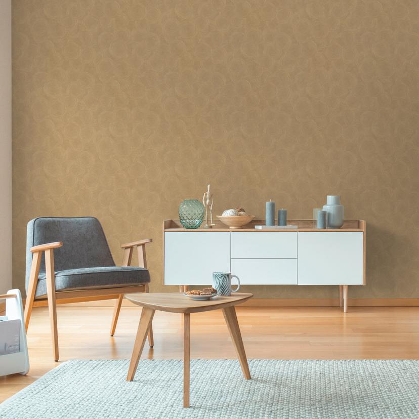 3D tapet cirkelmønster brun gul - Ikke-vævet tapet struktureret med et moderne naturligt look