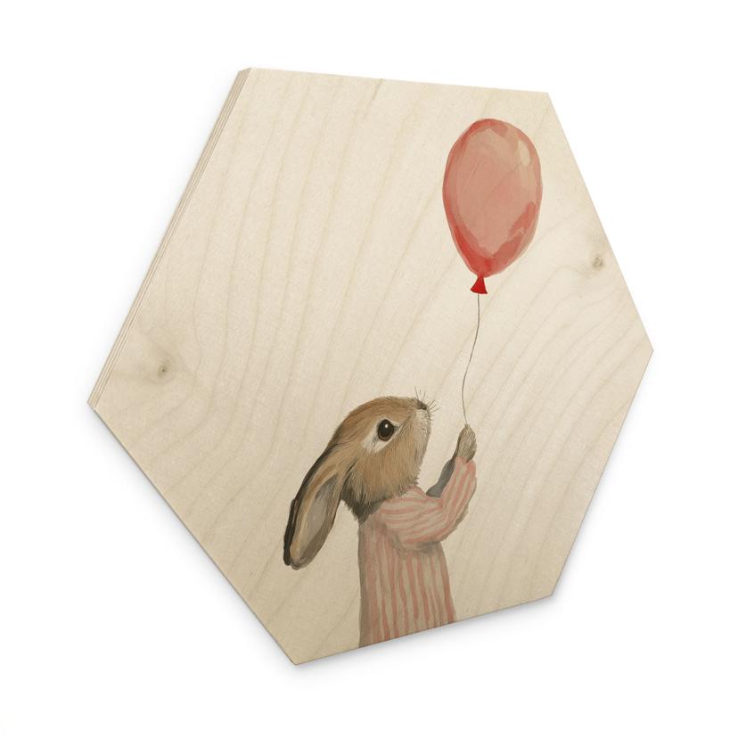 Sekskantet Billede af træ - sød kanin med ballon - Treechild