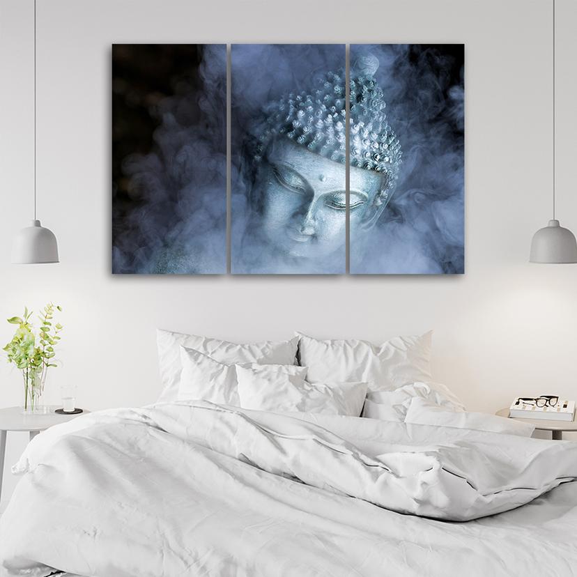 Stampa su tela 3 pezzi, Buddha Zen nebbia blu
