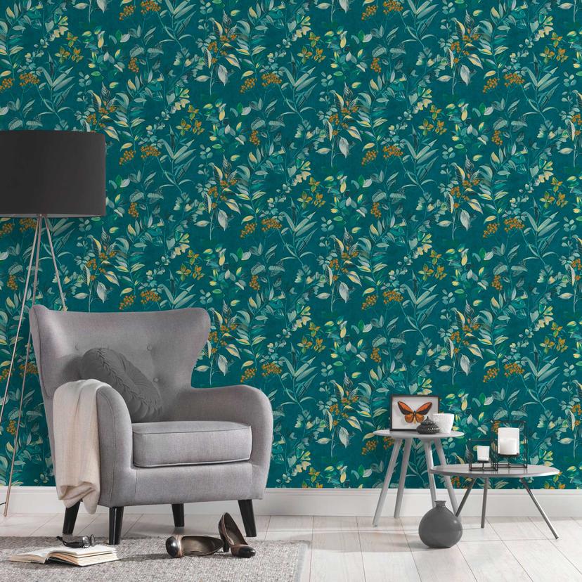 Blomstertapet med blomster blåfarvet - non-woven tapet blomst akvarel stil
