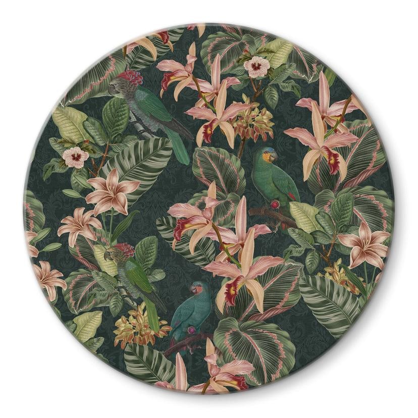 Glasbillede - Jungle med papegøjer Natgrøn - Bloomery Decor - Rund