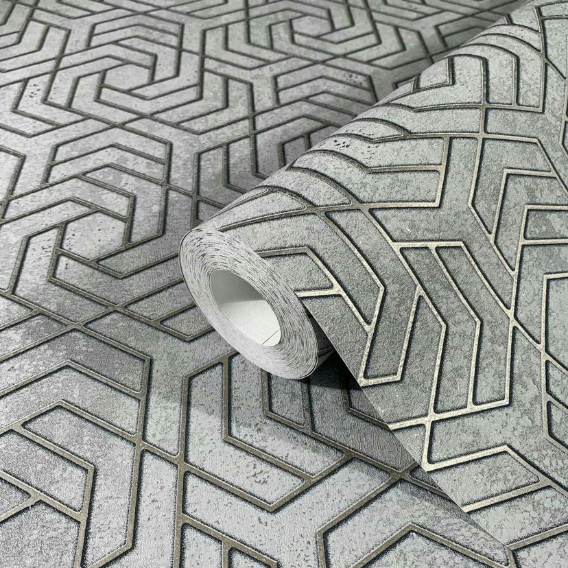 Non-woven tapet med 3D-look i grå grafik