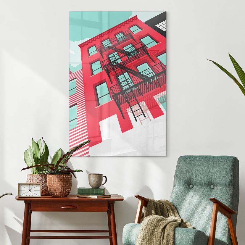 Tableau en verre acrylique Façade rouge avec escalier de secours à New York - Heemskerk