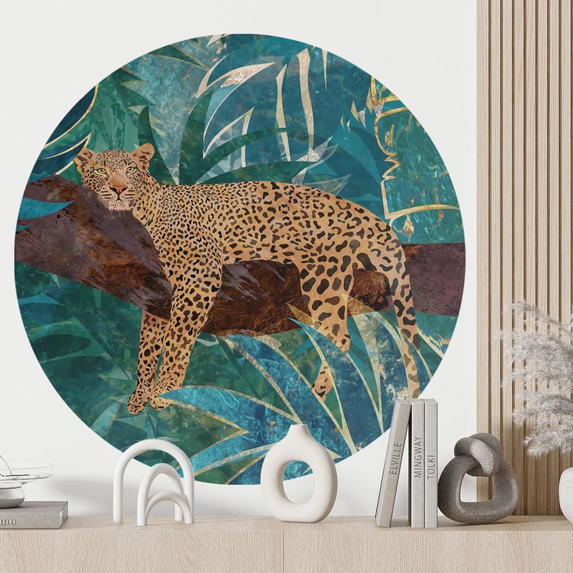 Vinilo decorativo Leopardo en la jungla verde esmeralda - Manovski - Redondo