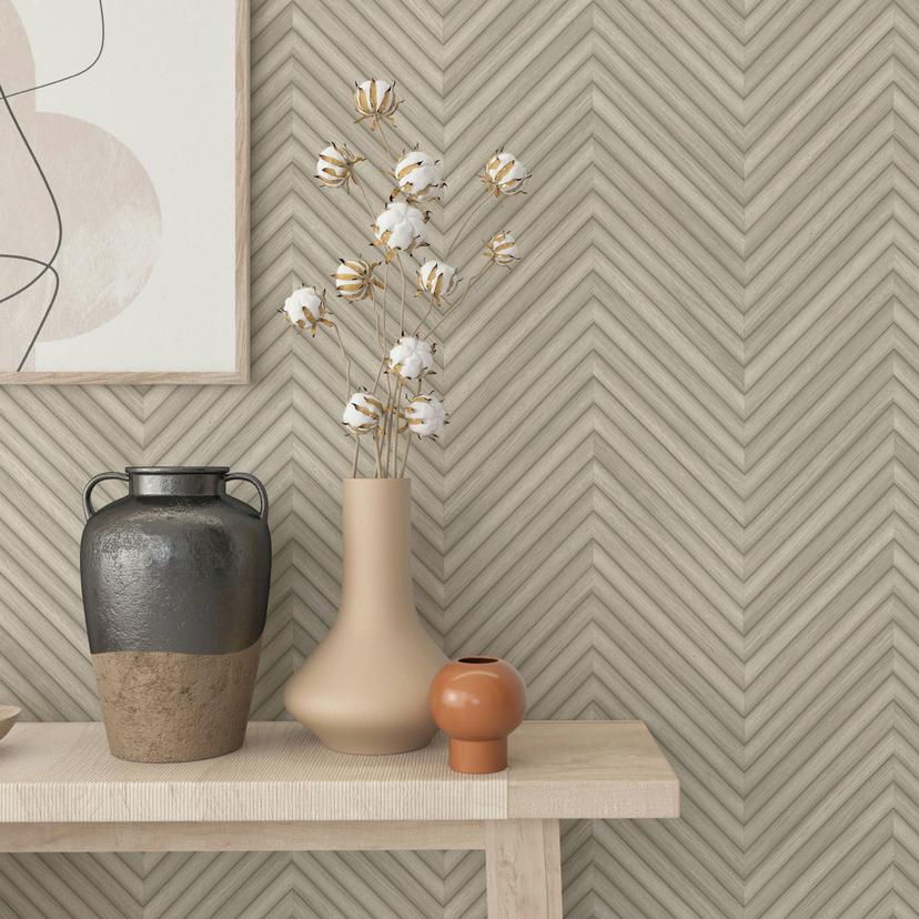 Non-woven tapet med sildebensmønster og trælook beige trælook
