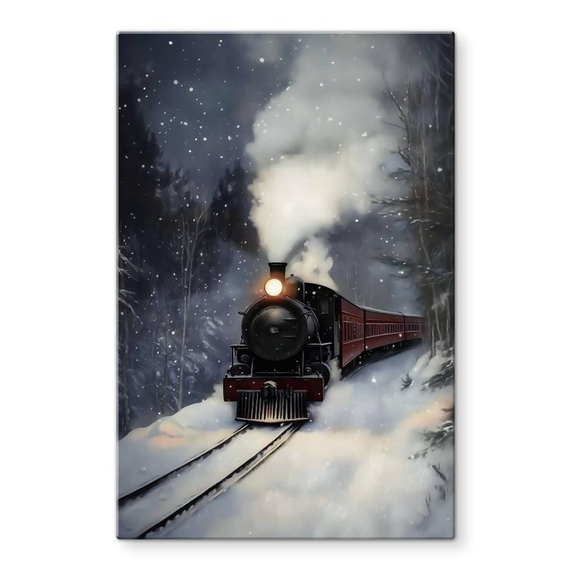 Glasbillede - Damplokomotiv i en snedækket skov - Melloi Art Prints