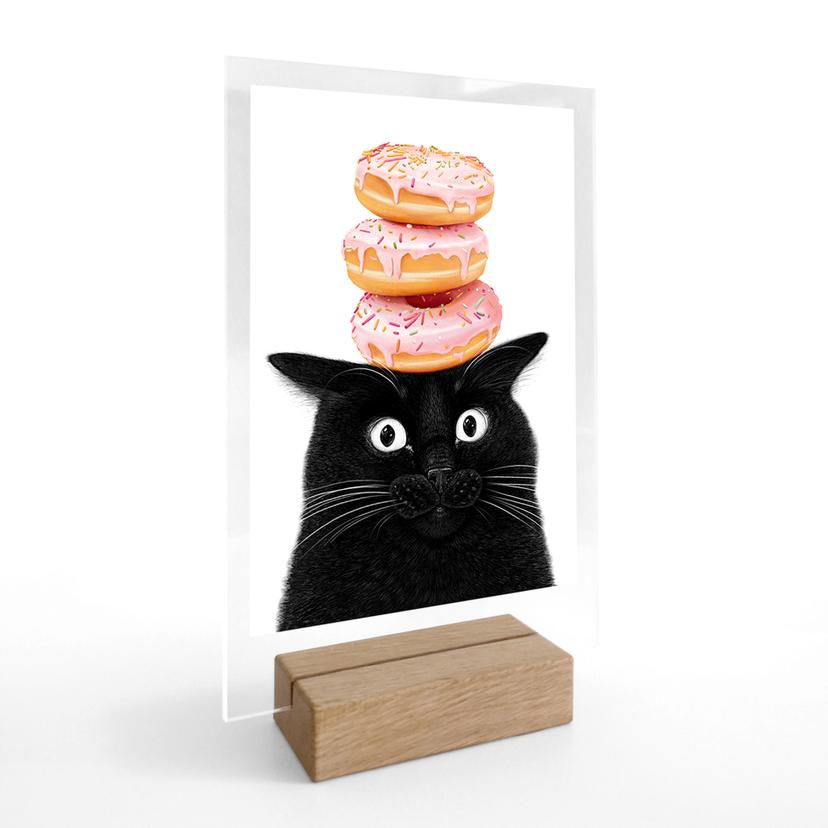 Tischaufsteller Schwarze Katze mit pinken Donuts - Korenkova