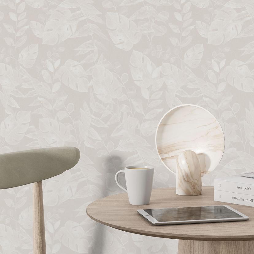 Carta da parati a motivi vegetali foglie tropicali beige - Bloomery Decor