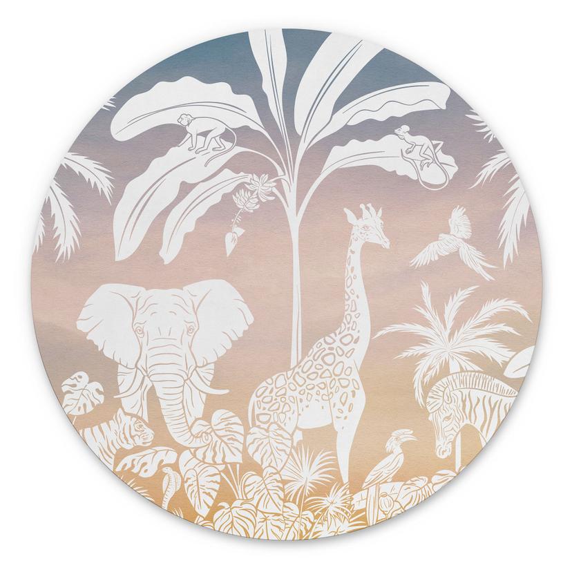 Rundt billede Jungleparadis med vilde dyr - Ombre - Kikki Belle – print på aluminium (Alu-Dibond)