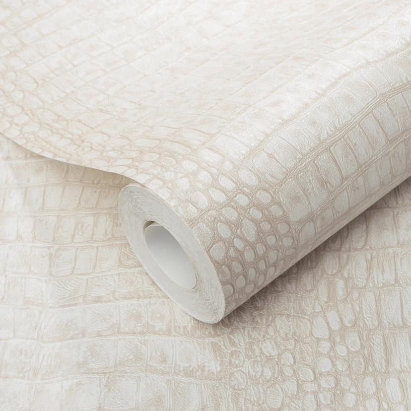 Papel pintado no tejido de color beige con aspecto de cocodrilo, textura sutilmente moderna y elegan