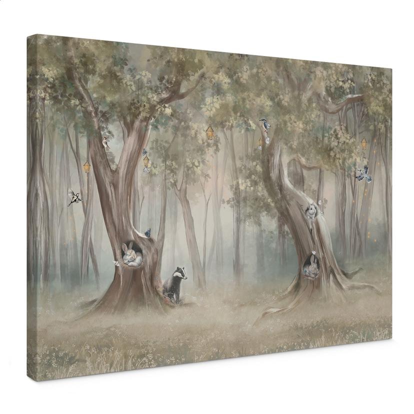 Canvas schilderij schattige bosdieren tussen bomen - Ms Tiff