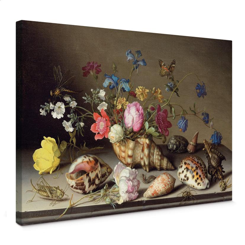 Lienzo Van der Ast - Flores, conchas e insectos en una repisa de piedra