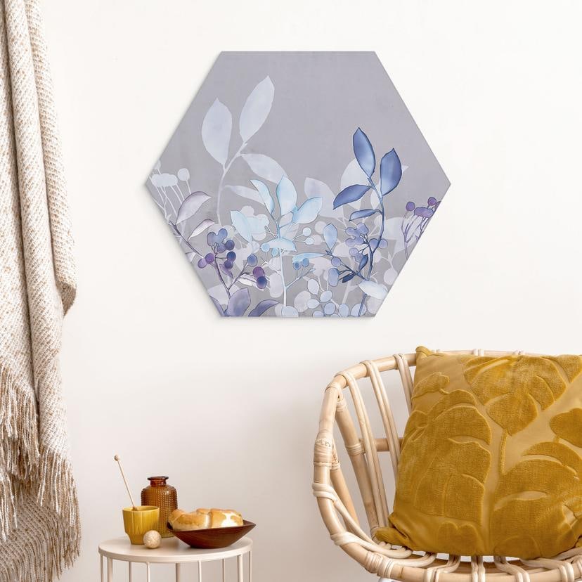 Esagono Alu-Dibond Piante acquerello blu - Haase