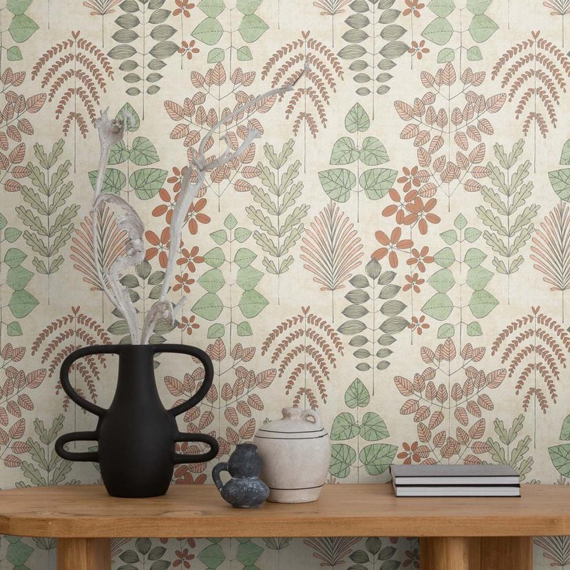 Papier peint mural intissé Skandi - design de feuilles discret dans les tons naturels & terre cuite