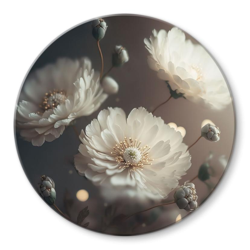 Glasbillede - Hvide blomster med guldstøv - Treechild - Rund