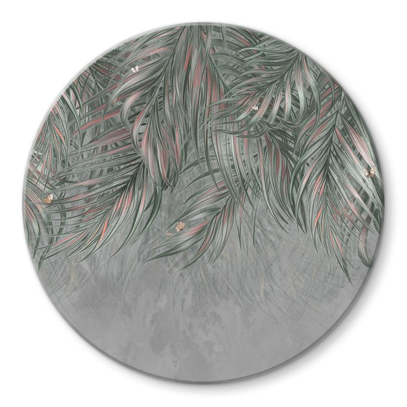 Glasschilderijen Exotische palmbladeren roze-groen - Ms Tiff - Rond