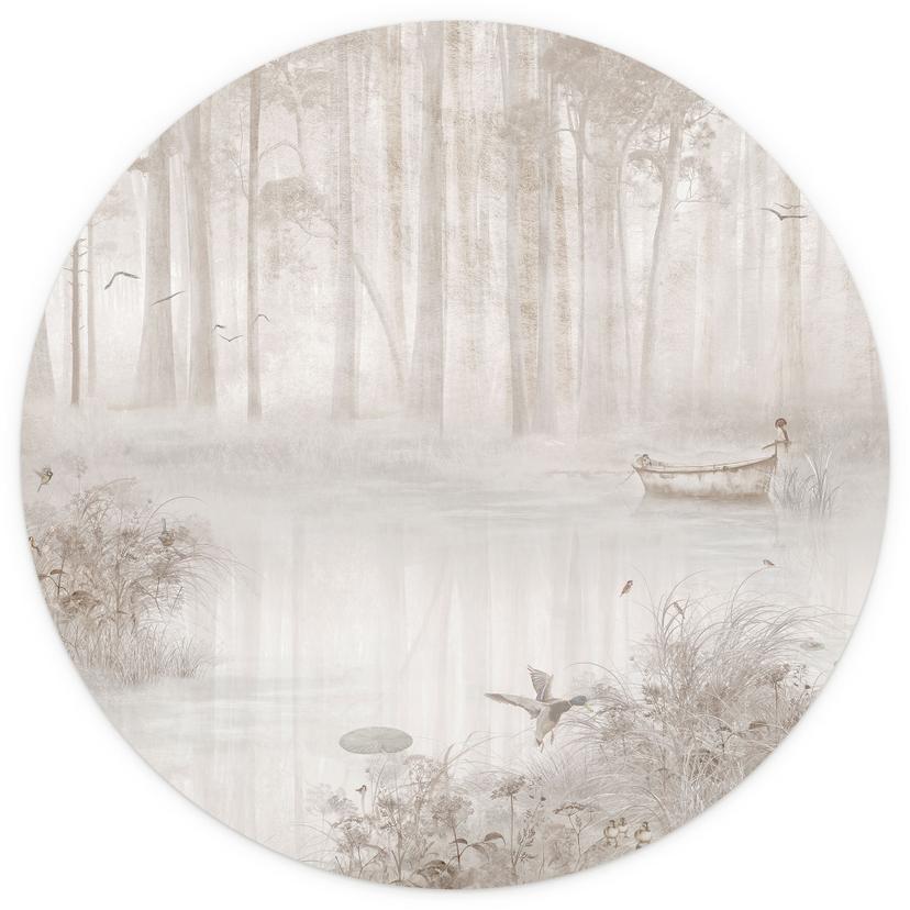 Fototapete Wald am See im Nebel in Beige - Ms Tiff - Rund - Selbstklebend/Vlies