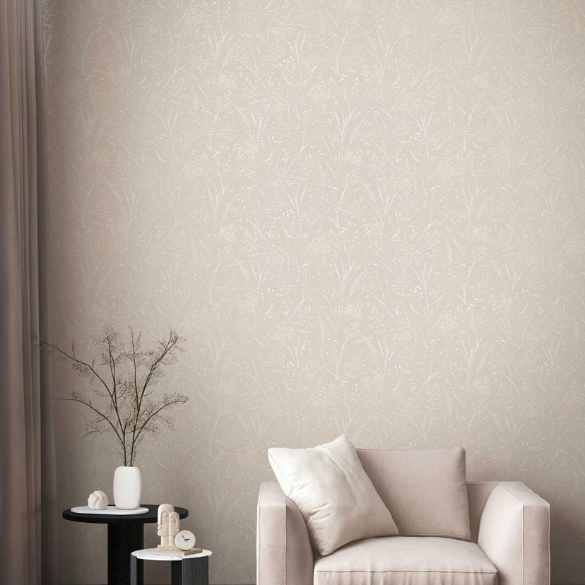 Papel pintado no tejido floral en relieve beige - Papel pintado texturizado con motivo de flores